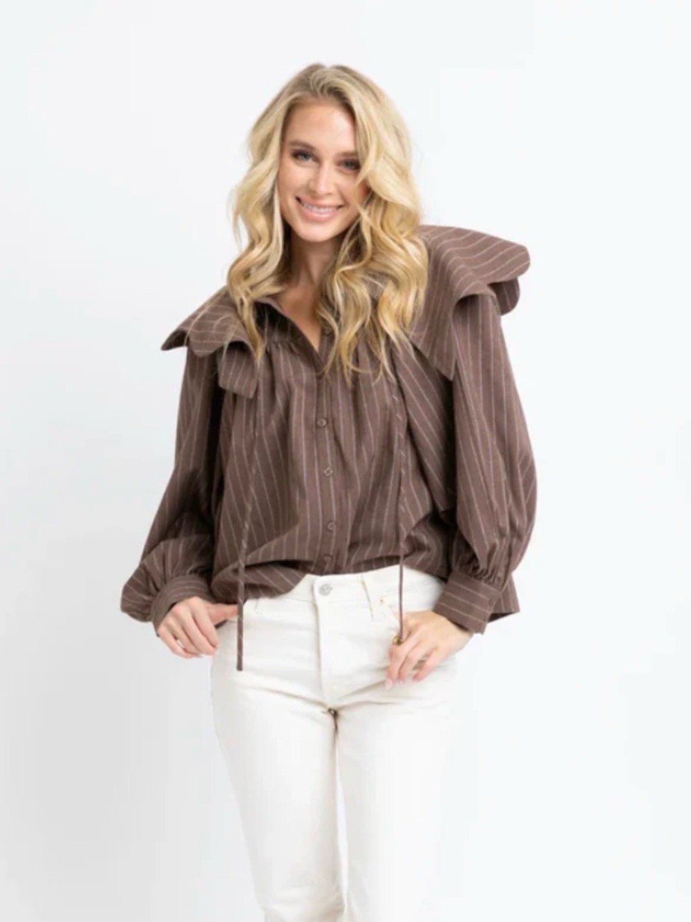Karlie Brown Pinstripe Blouse with Statement Collar